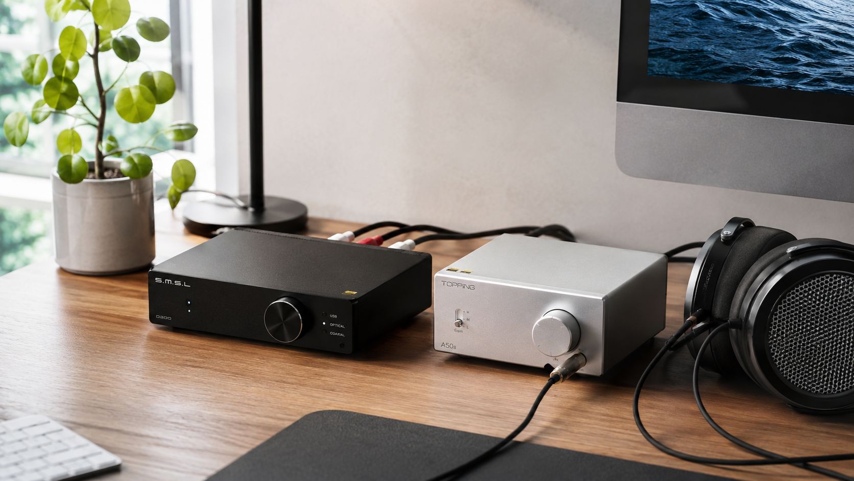 A modern desktop audio setup featuring an S.M.S.L DAC and Topping amplifier with professional headphones.