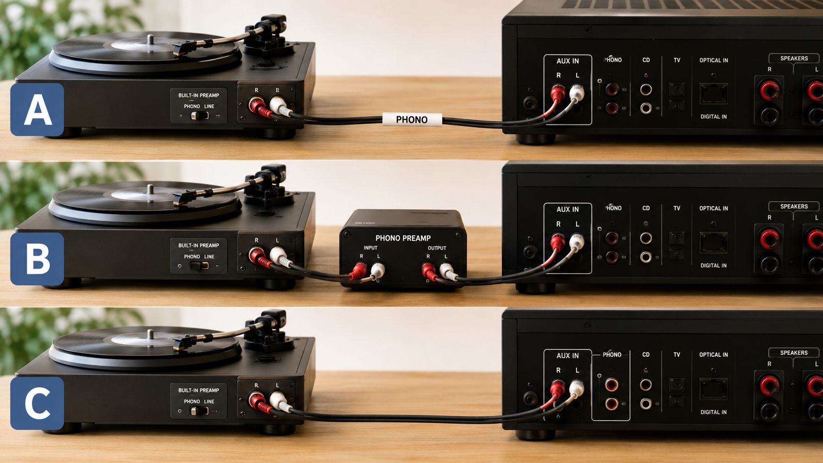 A diagram comparing three different methods for connecting a turntable to an audio receiver or amplifier.