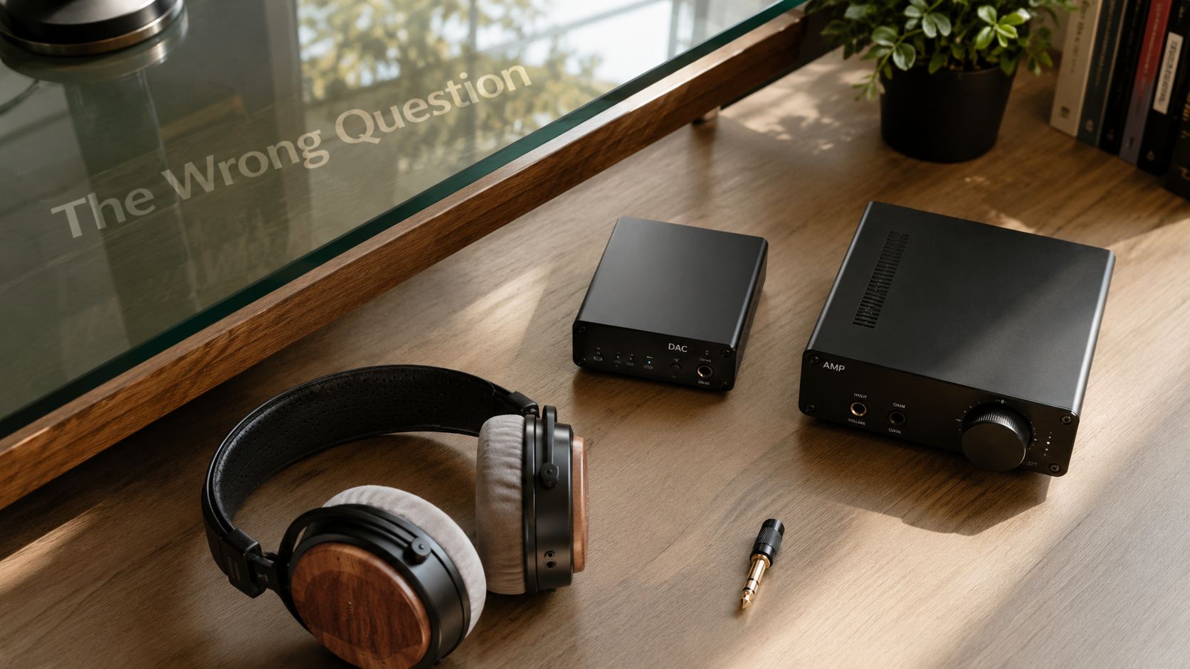 A premium desktop audio setup featuring headphones, a DAC, and an amplifier on a wooden desk.