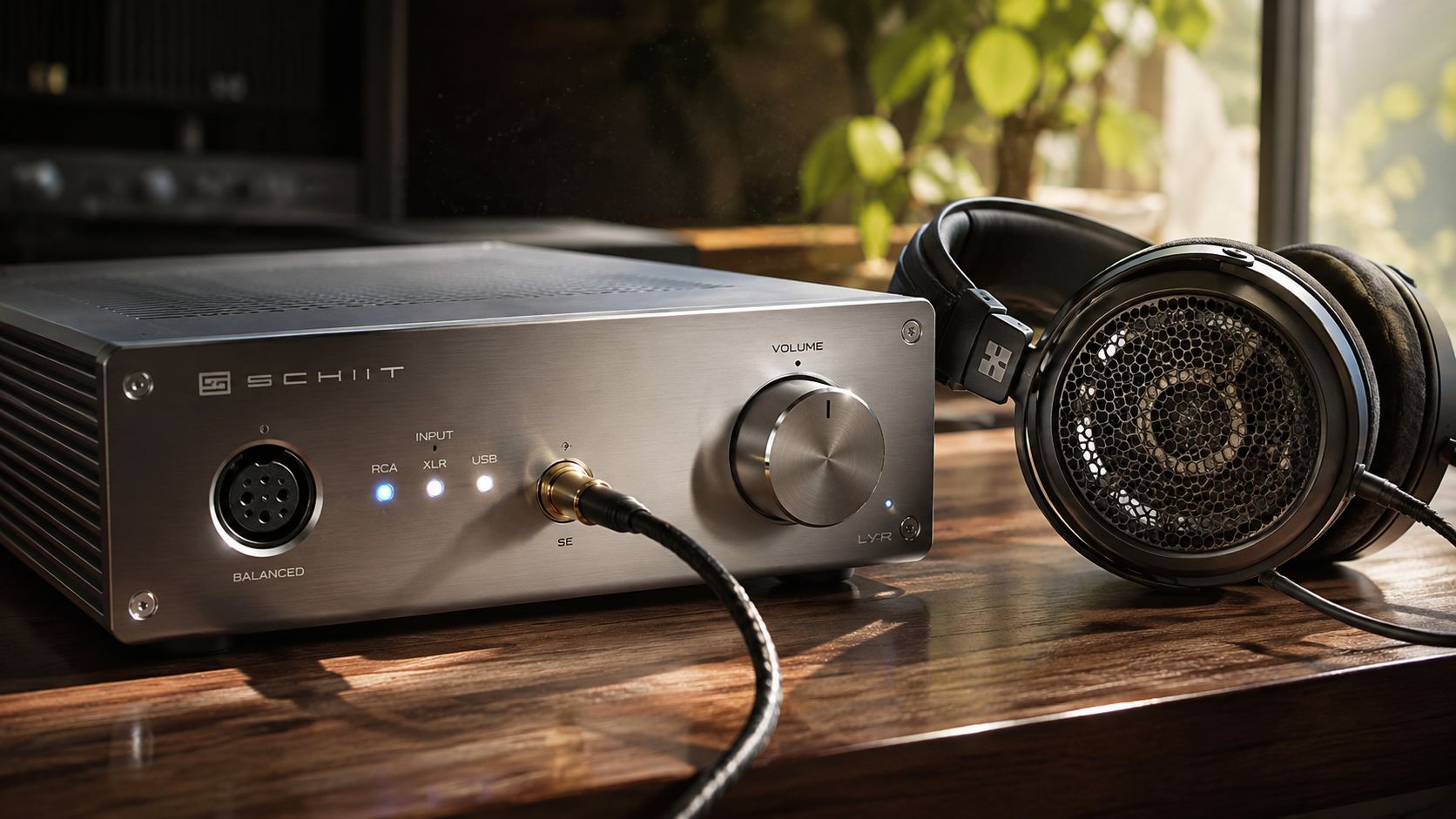 A high-end Schiit Lyr silver headphone amplifier with open-back headphones placed on a wooden desk.