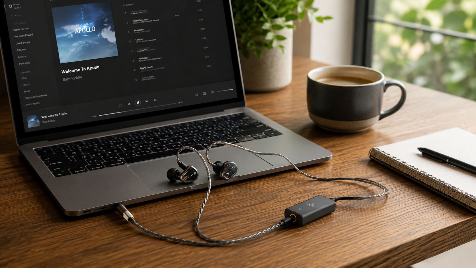 A laptop playing music connected to a portable headphone DAC amplifier with premium wired in-ear monitors.