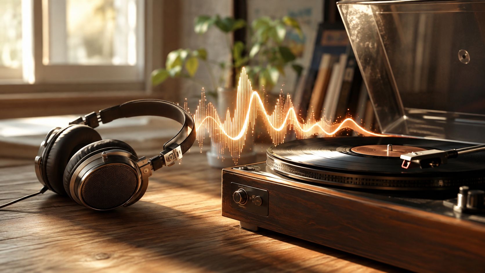 A pair of wired headphones sits next to a vintage record player with glowing frequency wave graphics.