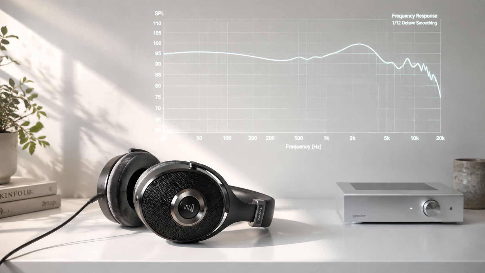 High-end audiophile headphones sit on a desk beside an amplifier with a projected frequency response graph.