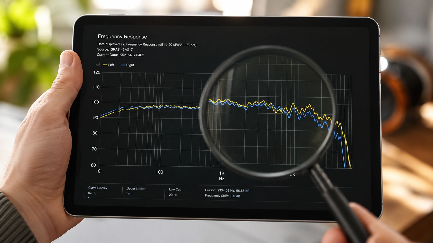 A person holds a tablet displaying a headphone frequency response graph viewed through a magnifying glass.