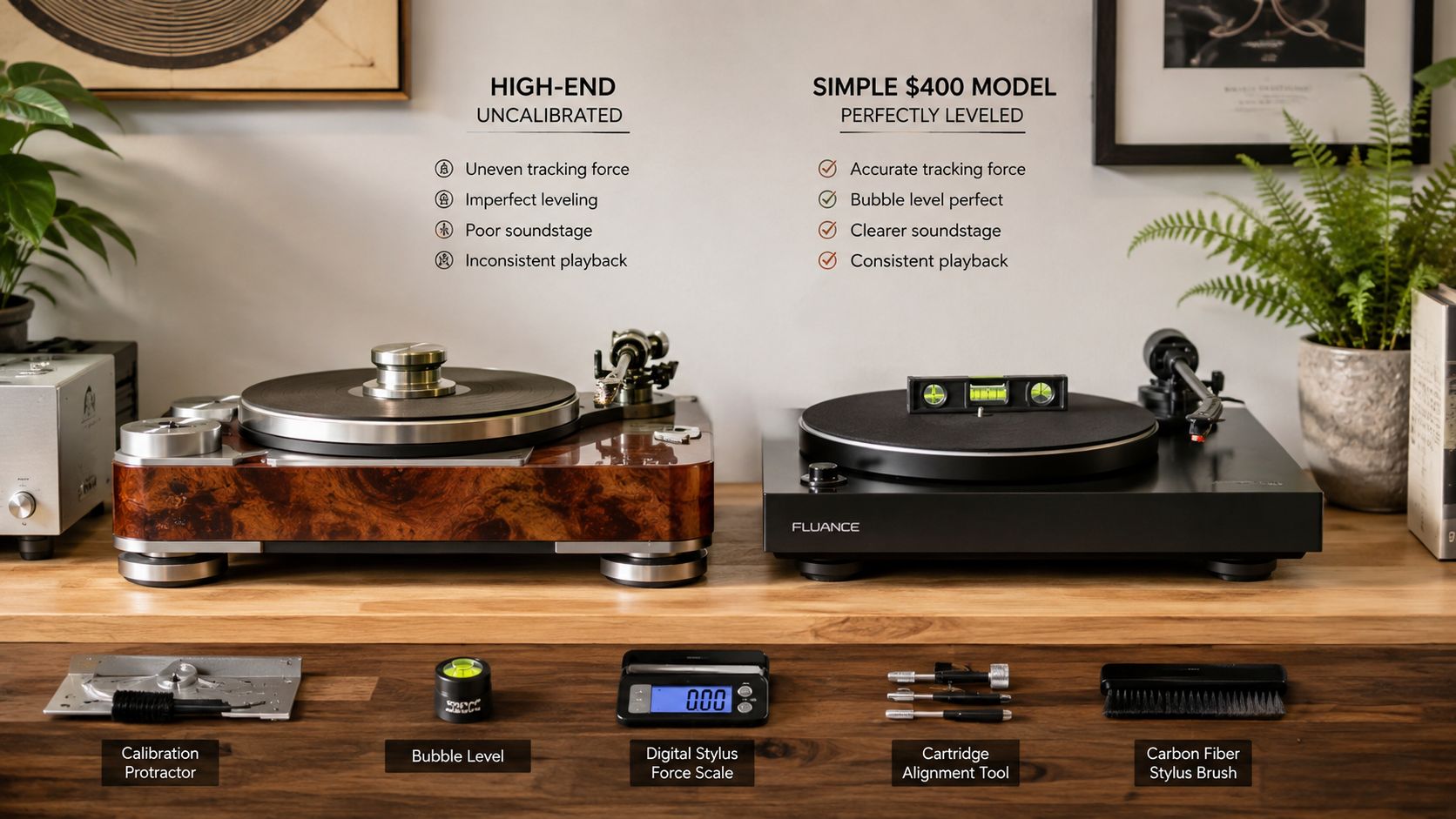 A high-end walnut turntable compared to a leveled Fluance turntable with various vinyl setup calibration tools displayed.