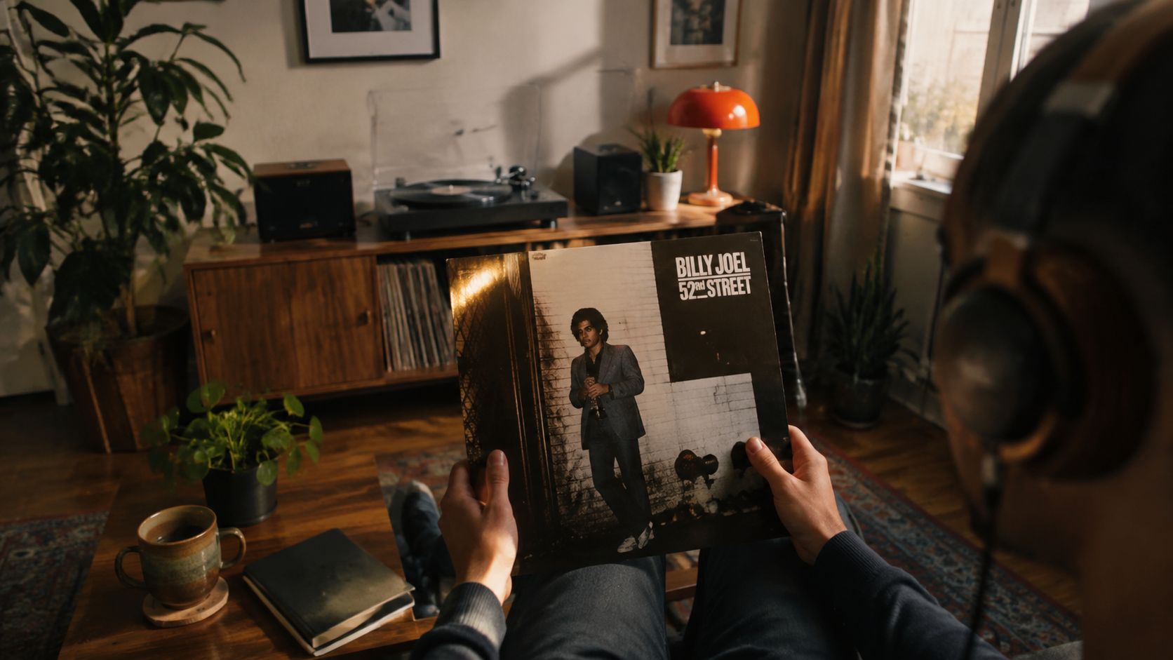 A person wearing headphones holding a Billy Joel 52nd Street vinyl record in a cozy living room.