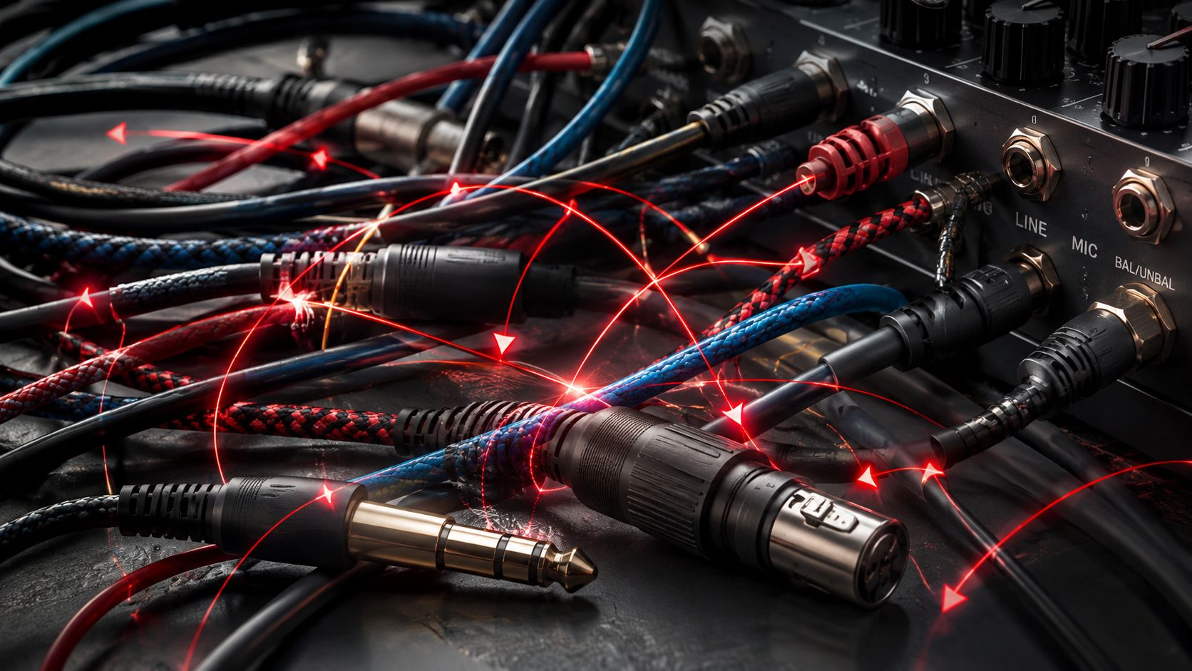 A close-up view of a tangled array of audio cables and connectors plugged into professional equipment.