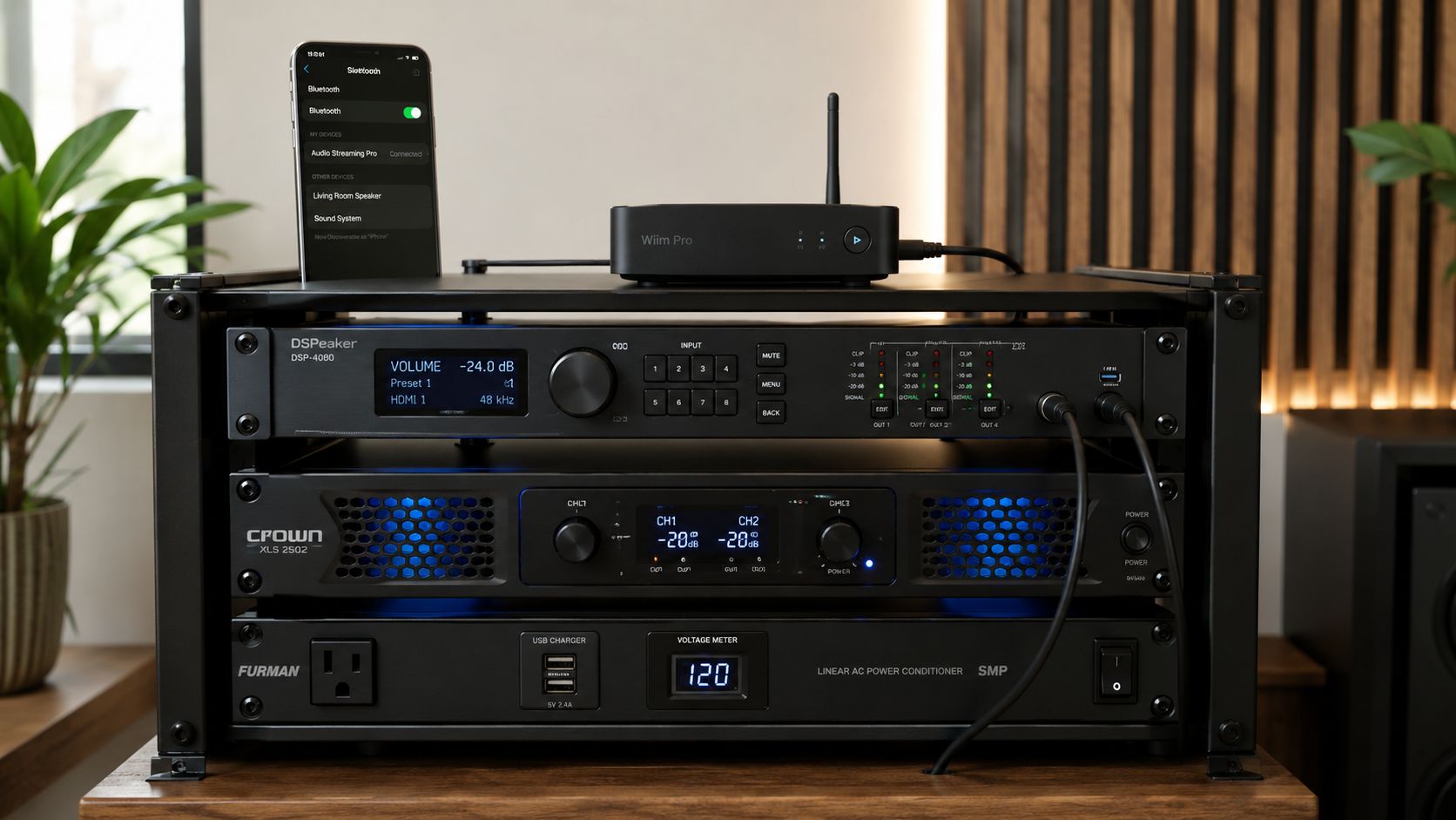 A professional audio equipment rack featuring a Crown amplifier, DSP processor, and Furman power conditioner on a desk.