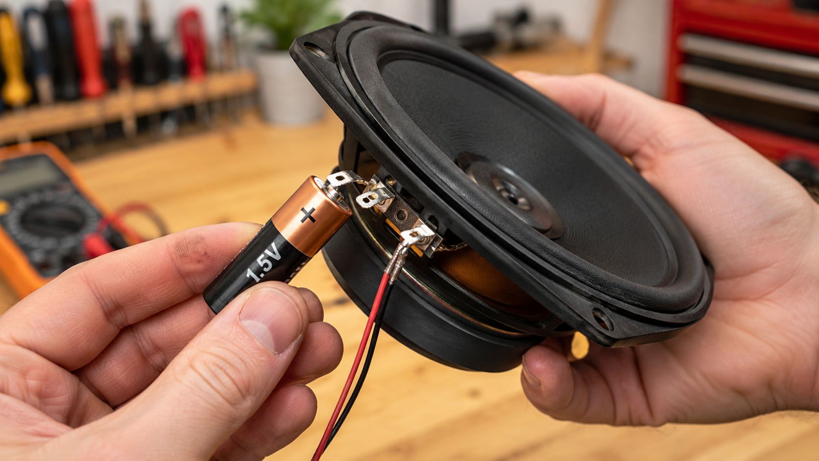 A close-up view of a person using a 1.5V battery to test the polarity of a speaker.