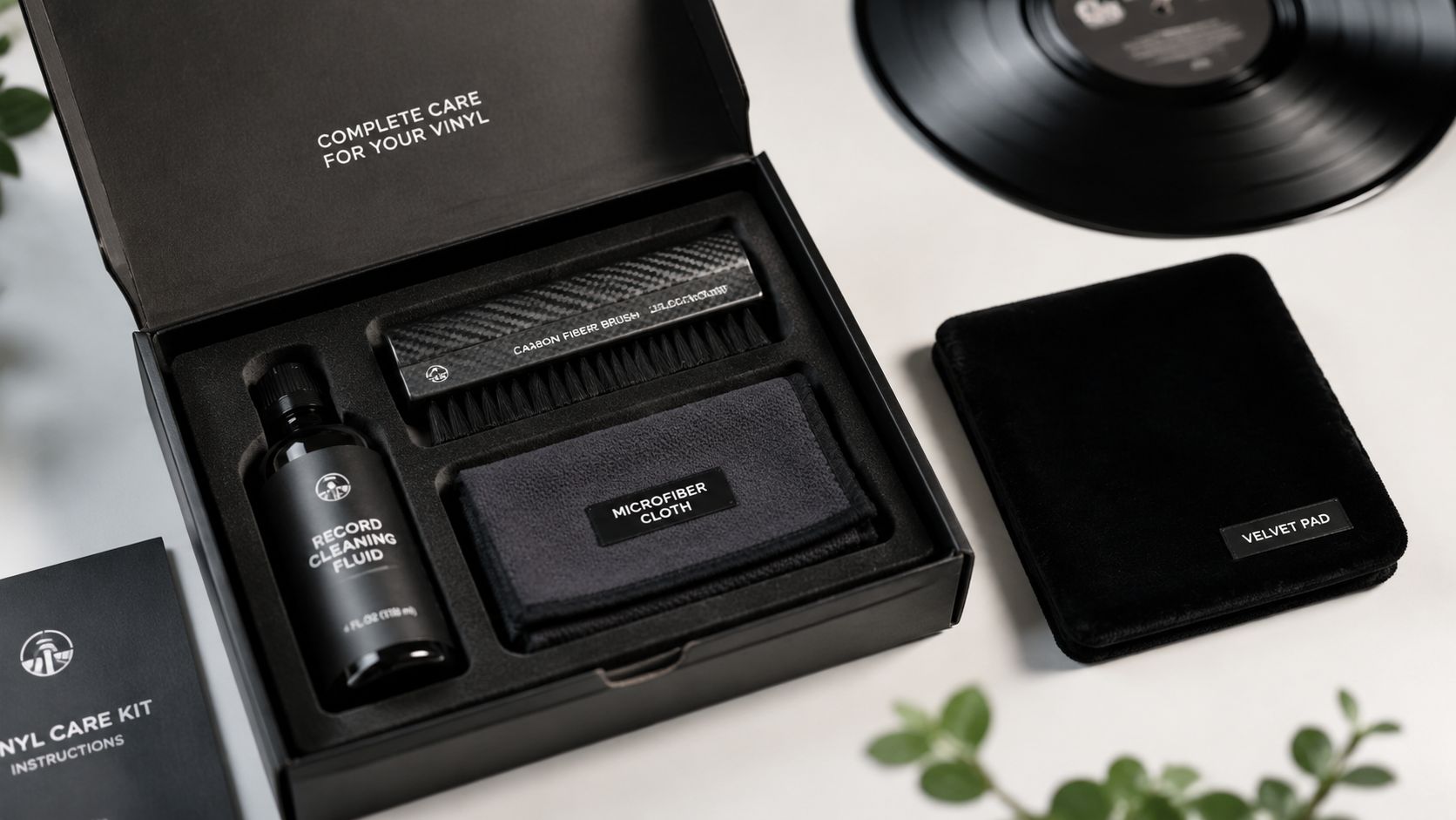 A premium vinyl record cleaning kit containing fluid, a carbon fiber brush, microfiber cloth, and velvet pad.