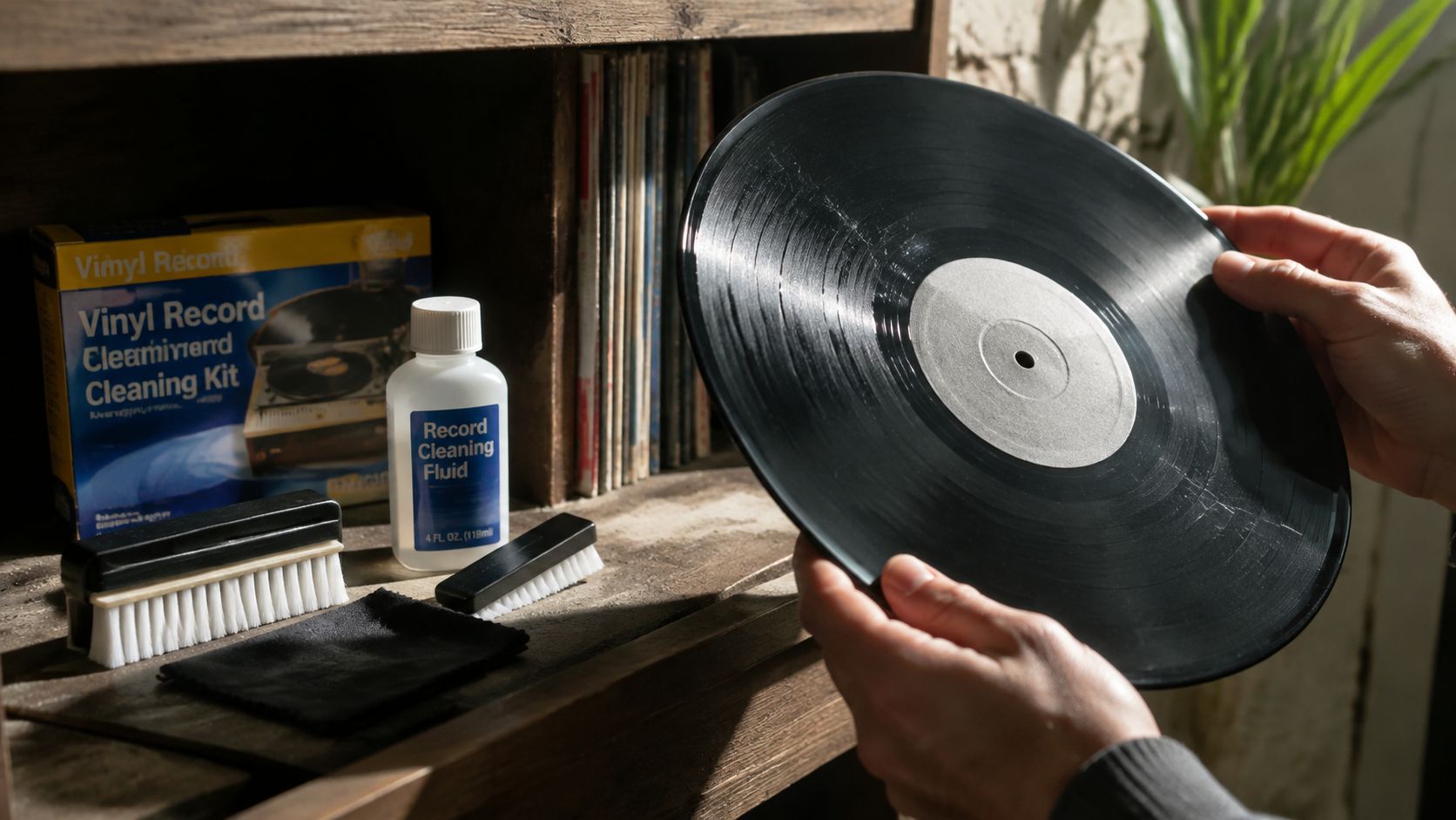 A person holding a vinyl record next to a cleaning kit, cleaning fluid, and brushes on a shelf.