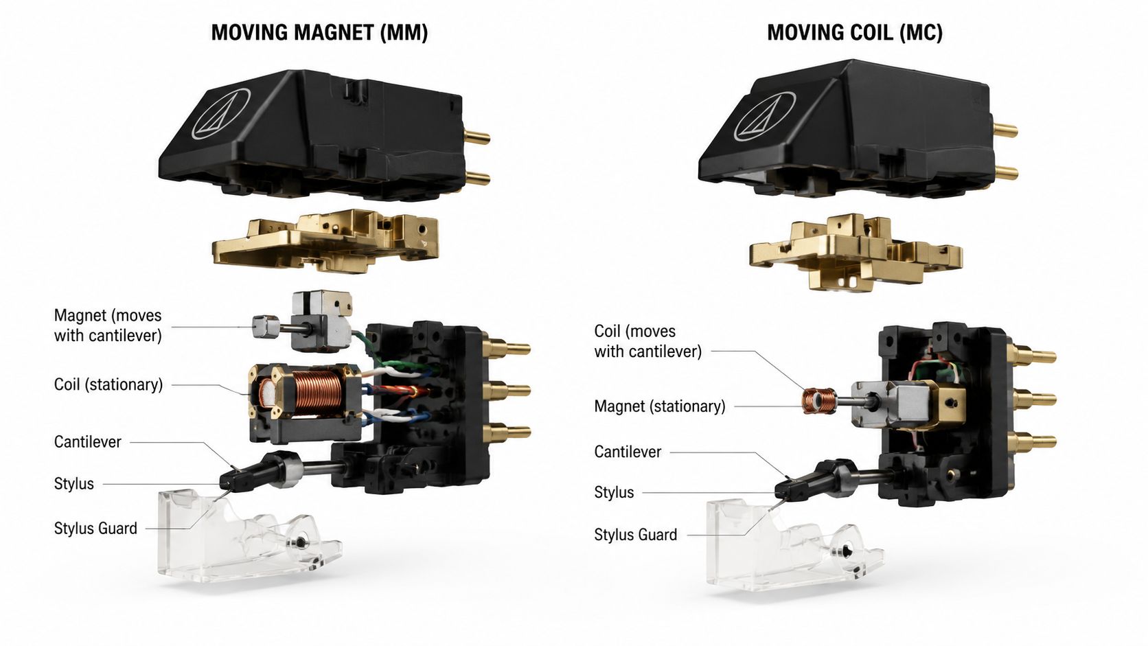 A detailed side-by-side comparison diagram of Moving Magnet and Moving Coil phono cartridge components for turntables.