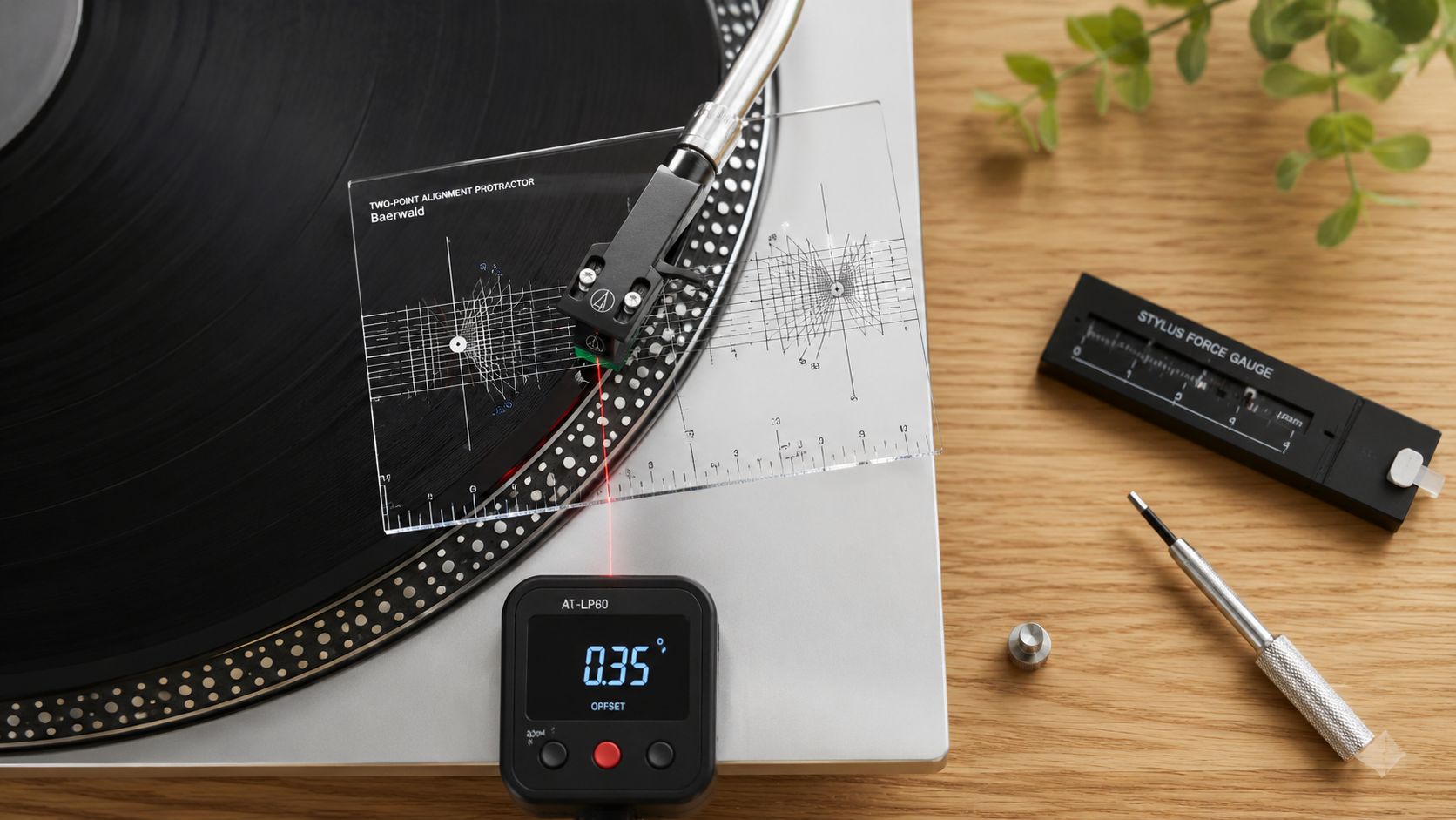 A close-up view of a vinyl turntable cartridge being calibrated with an alignment protractor and digital gauge.