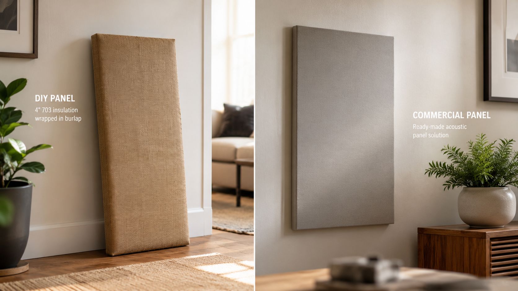 A split image comparing a DIY burlap-wrapped acoustic panel with a professional ready-made commercial acoustic wall panel.