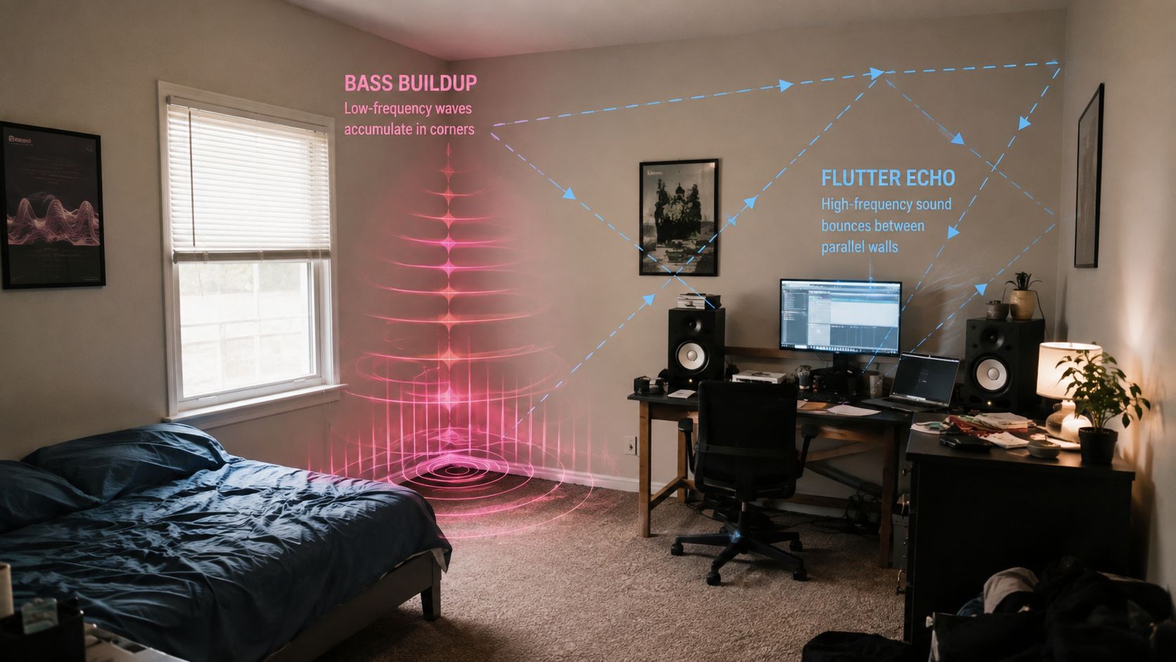 A visual demonstration of acoustic issues like bass buildup and flutter echo in a home studio bedroom.