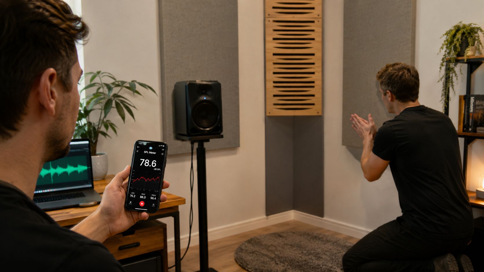 A man measures sound levels with a smartphone while another claps to test a small room's acoustics.