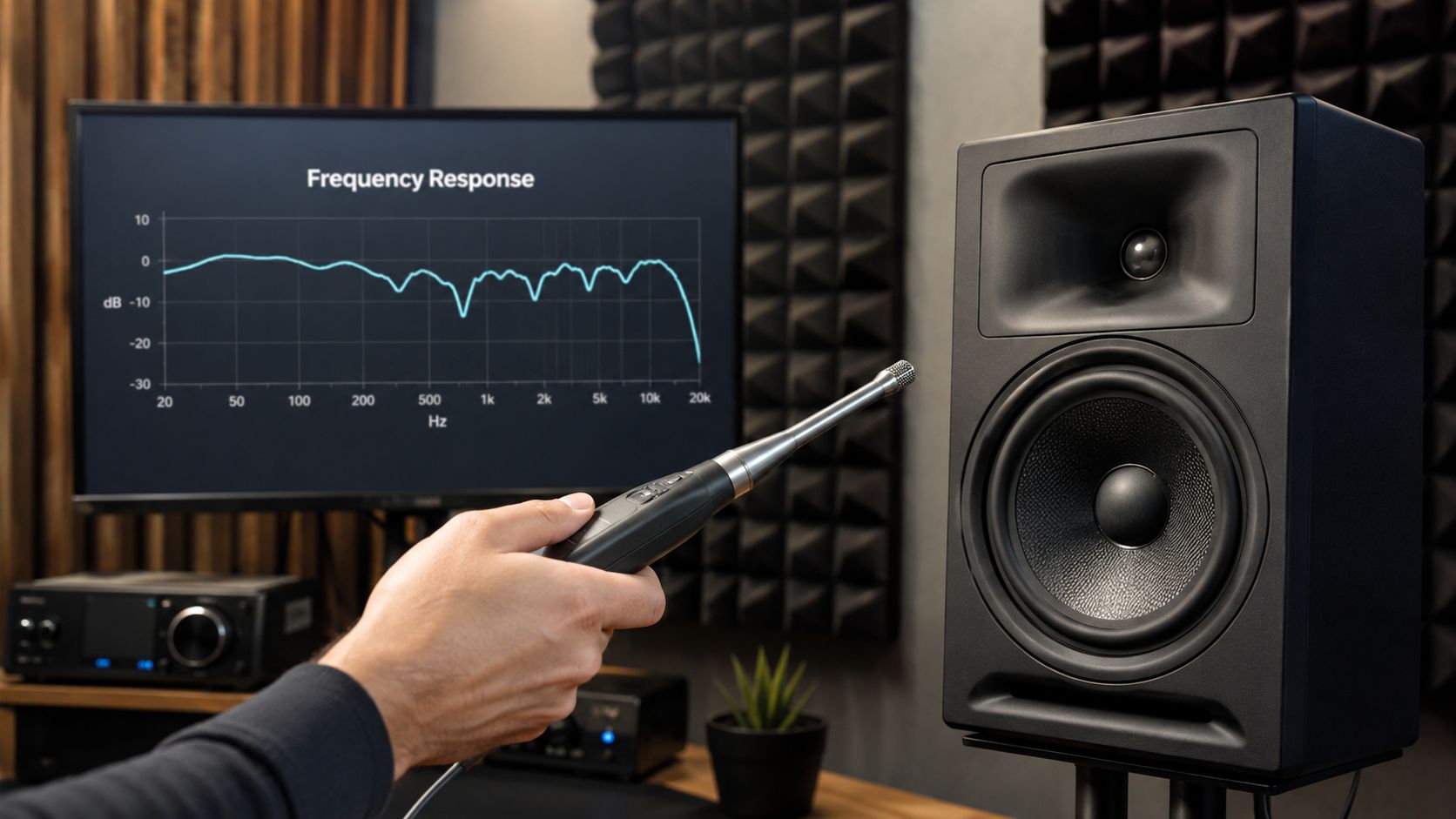A hand holding a measurement microphone in front of a studio monitor speaker displaying a frequency response graph.