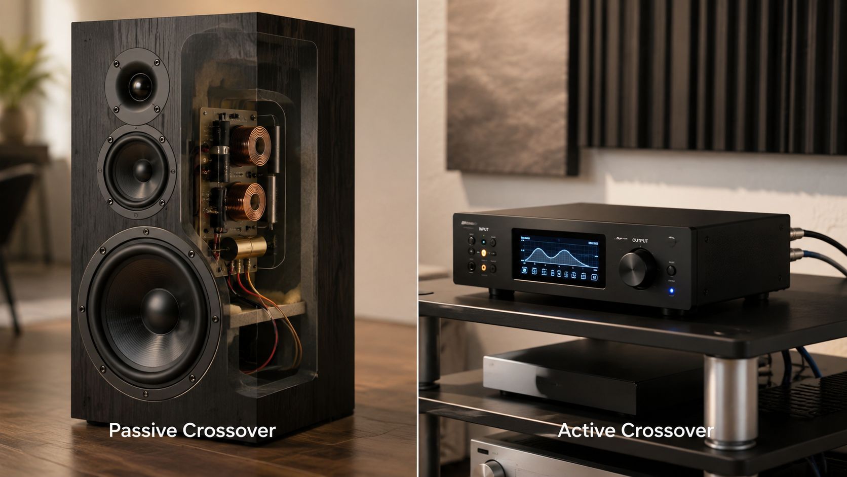 A split image comparing a passive internal speaker crossover circuit to an external active digital crossover unit.