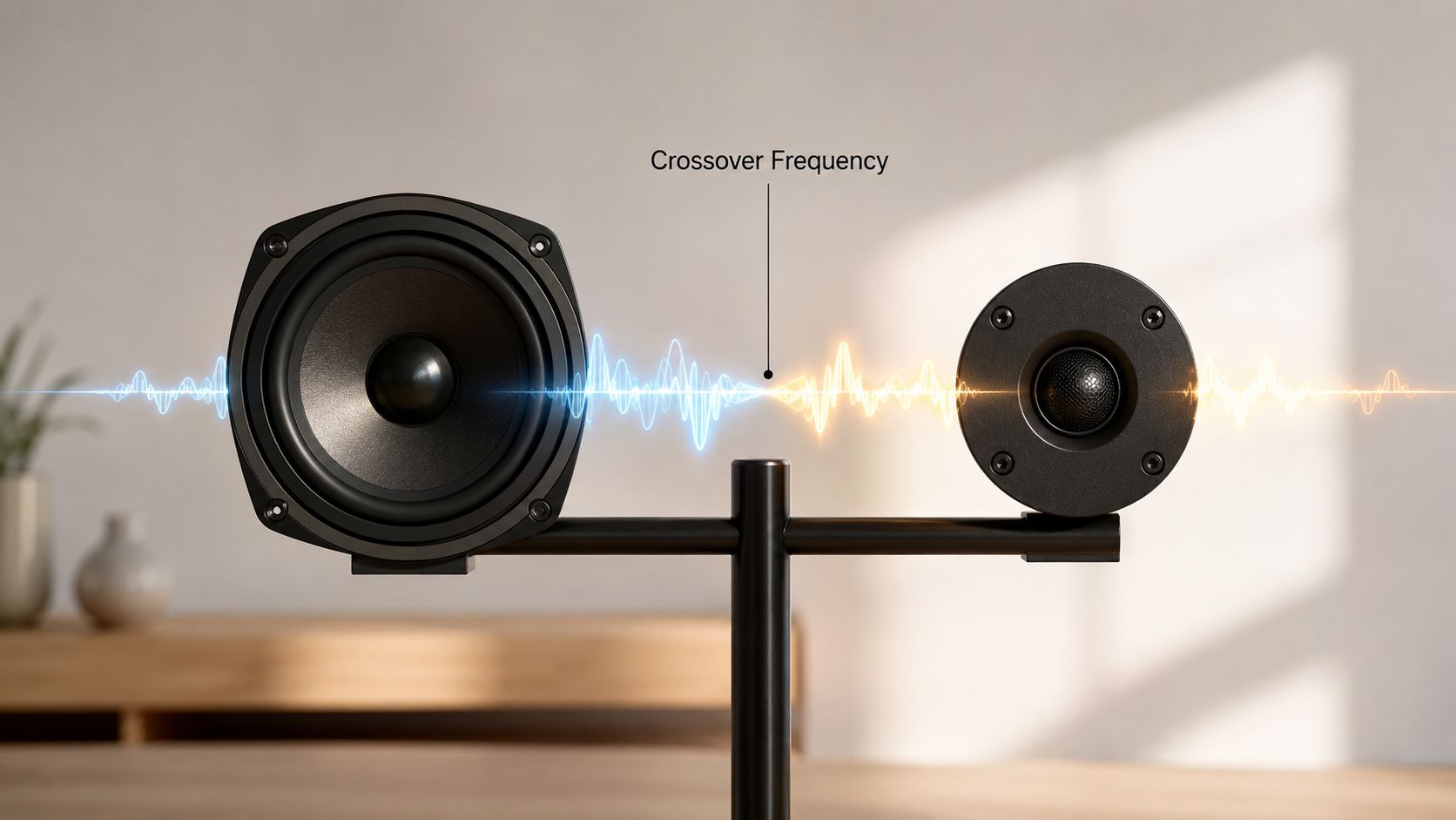 A close-up illustration of a speaker crossover frequency diagram separating low and high frequency sound waves.
