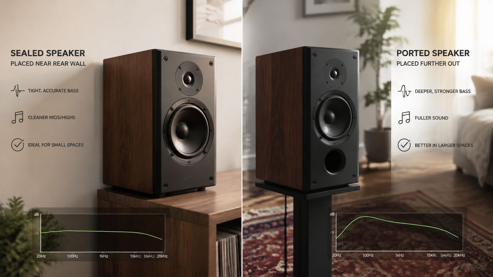 A split image comparing sealed versus ported bookshelf speaker placement characteristics for different room sizes and audio profiles.