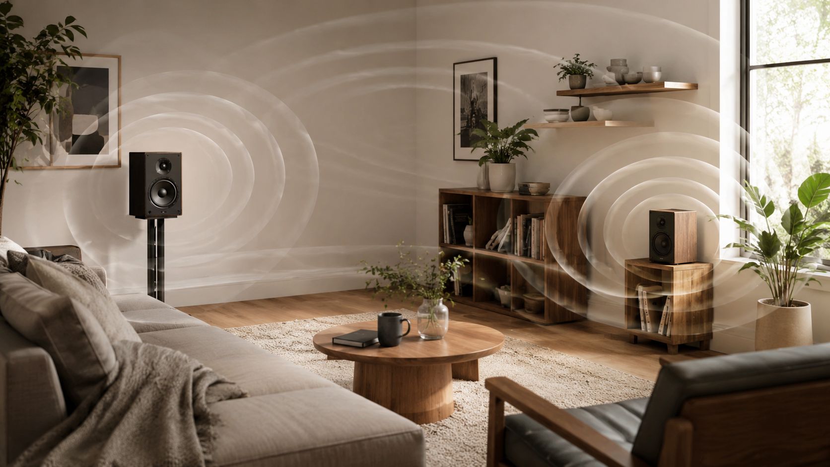 A cozy living room featuring two bookshelf speakers placed strategically to create an immersive audio experience.