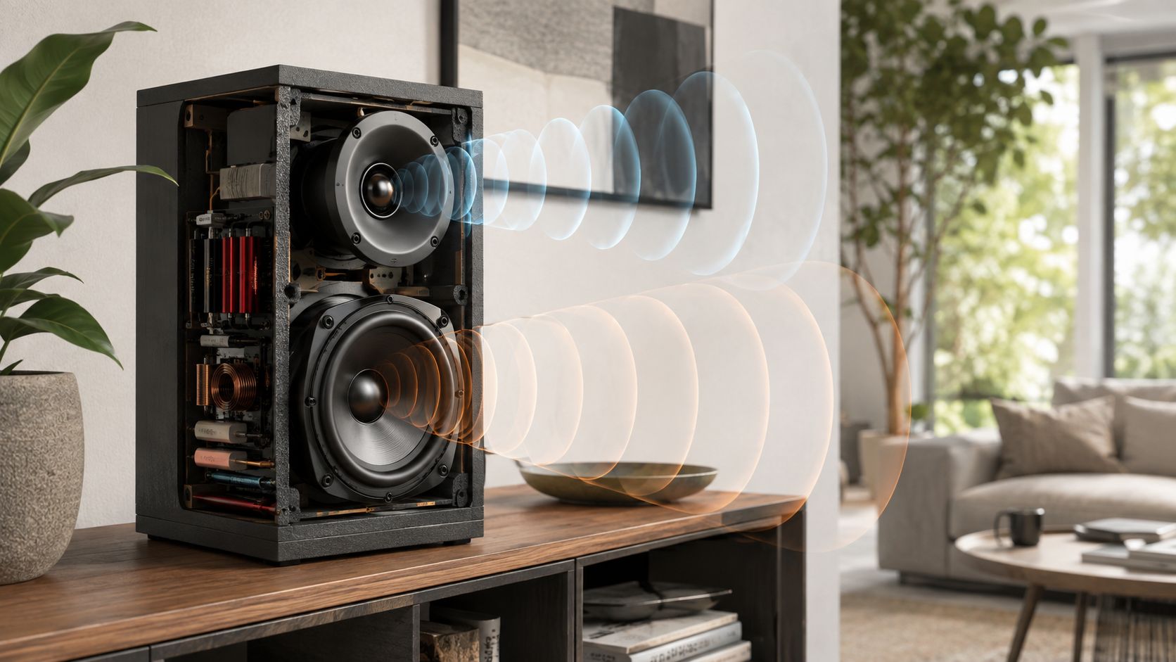 A transparent view of a high-end speaker cabinet showing internal audio components and visual sound waves.