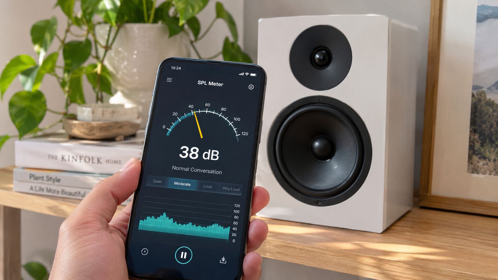 A hand holding a smartphone showing a decibel meter app measuring the sound level of a speaker.