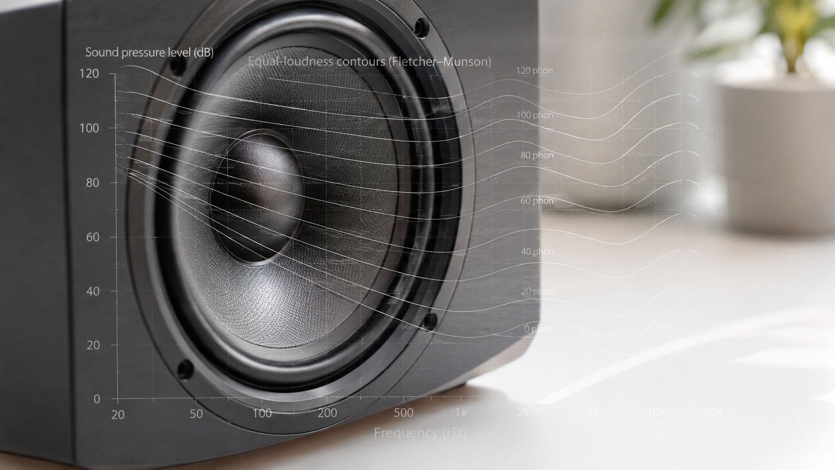 A close-up of a studio speaker overlaid with a graph illustrating Fletcher-Munson equal-loudness contours.