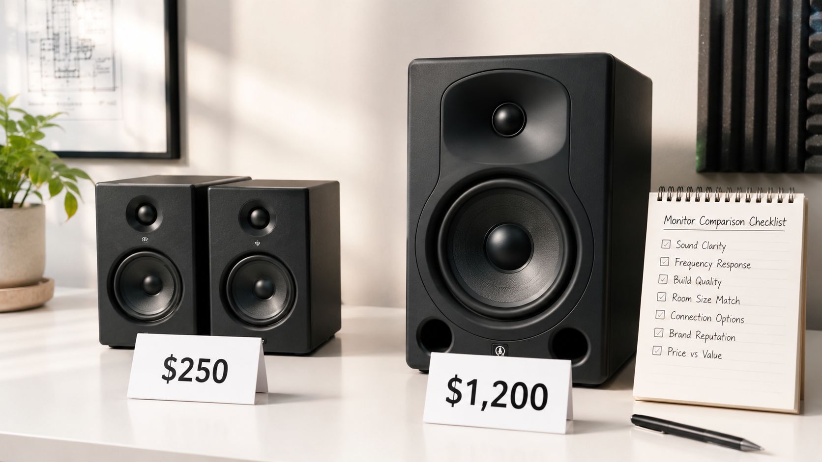 A studio monitor comparison setup showing two small bookshelf speakers and one large professional speaker on a desk.