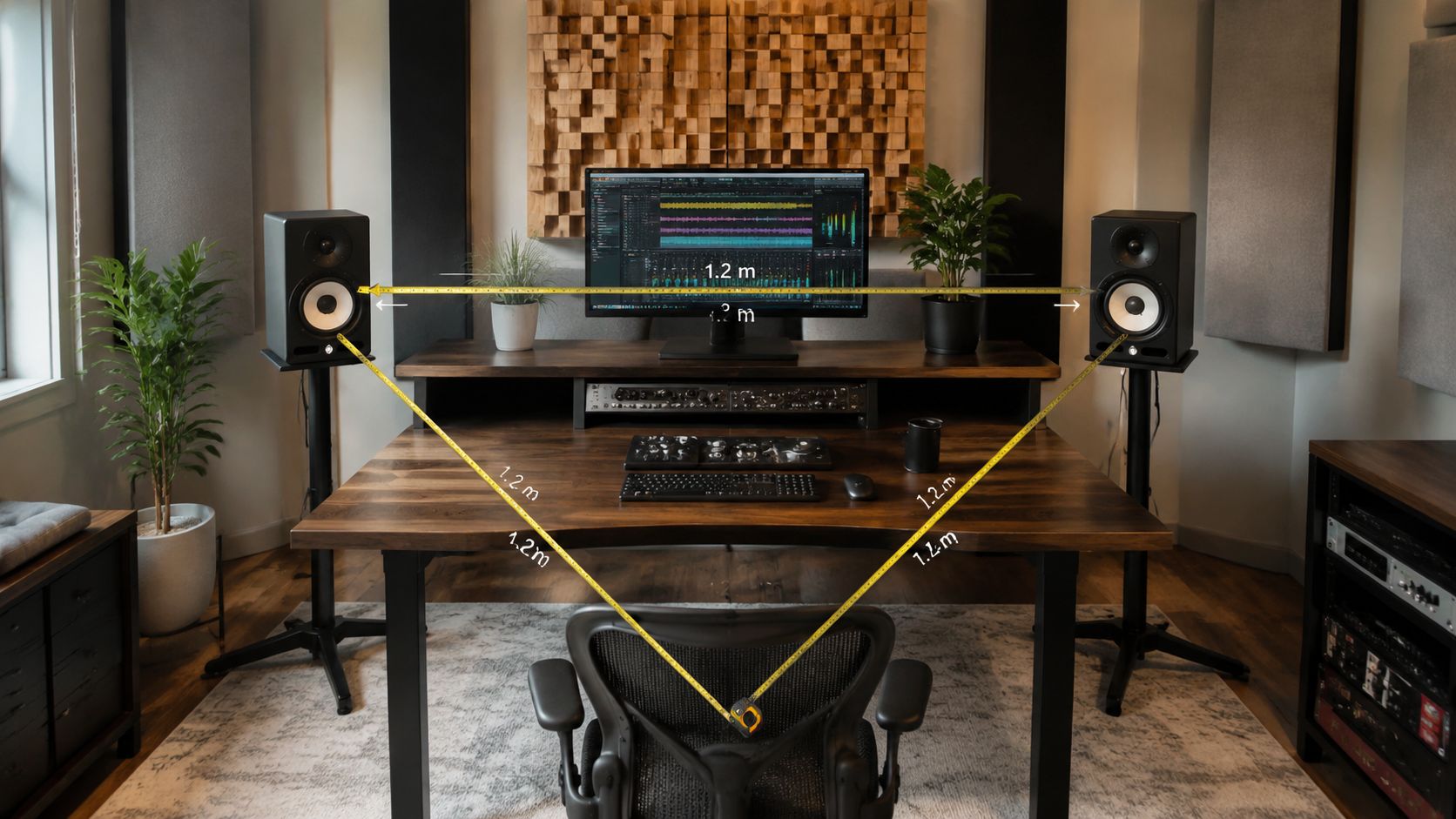 A professional home studio setup with studio monitors arranged in an equilateral triangle for accurate sound monitoring.