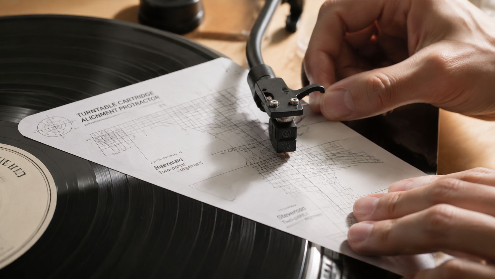 A person carefully uses a paper protractor to align a turntable cartridge on a vinyl record player.