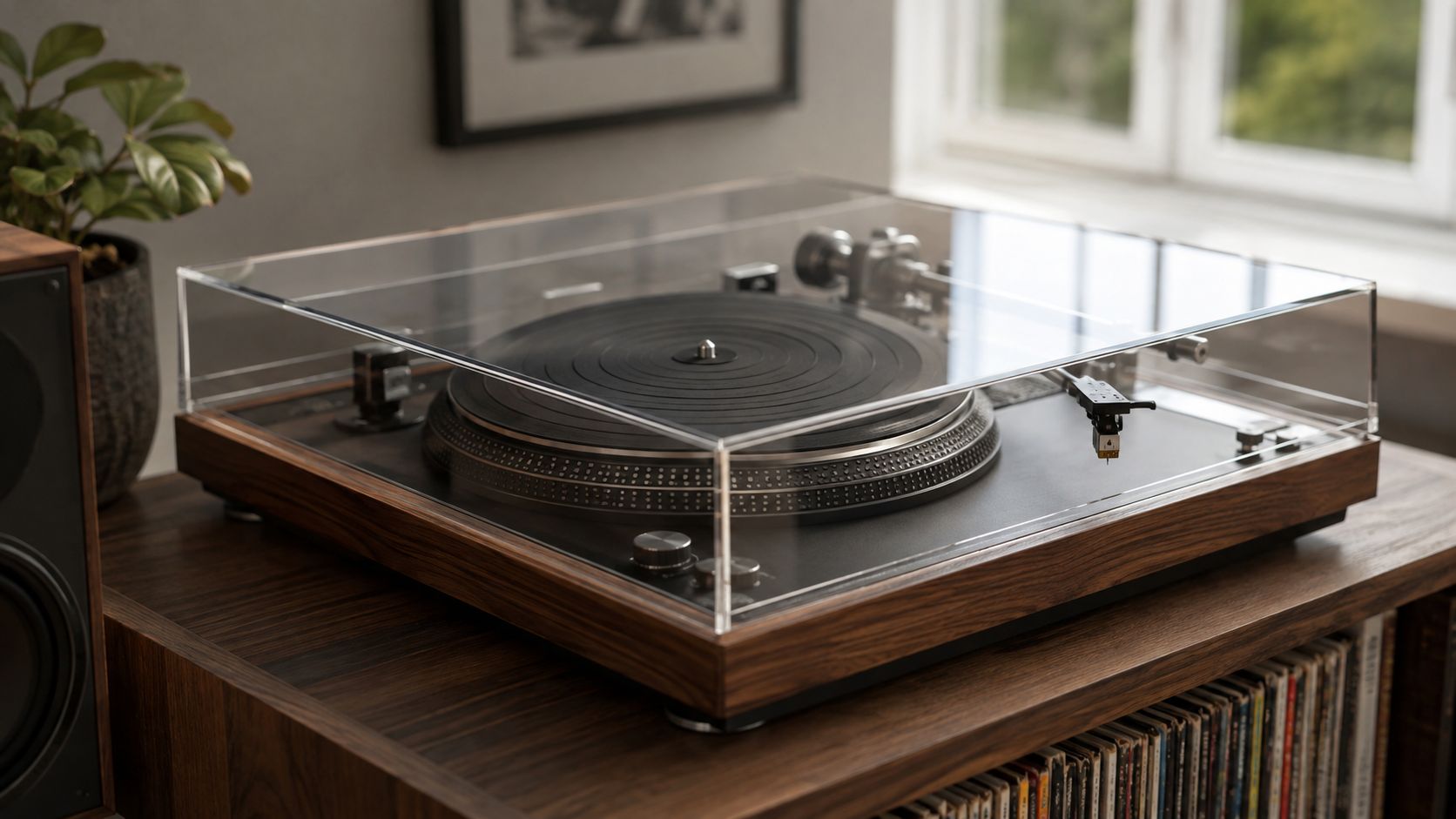 A vintage-style turntable with a clear plastic dust cover resting on a wooden cabinet shelf.