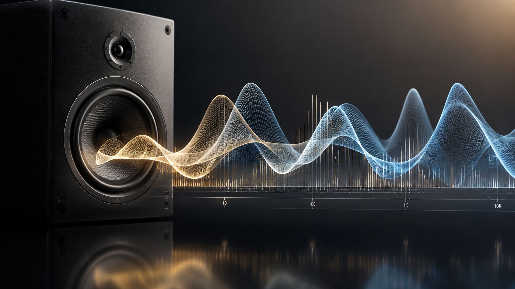 A professional loudspeaker displaying a visual frequency response graph with glowing sound waves on a dark background.
