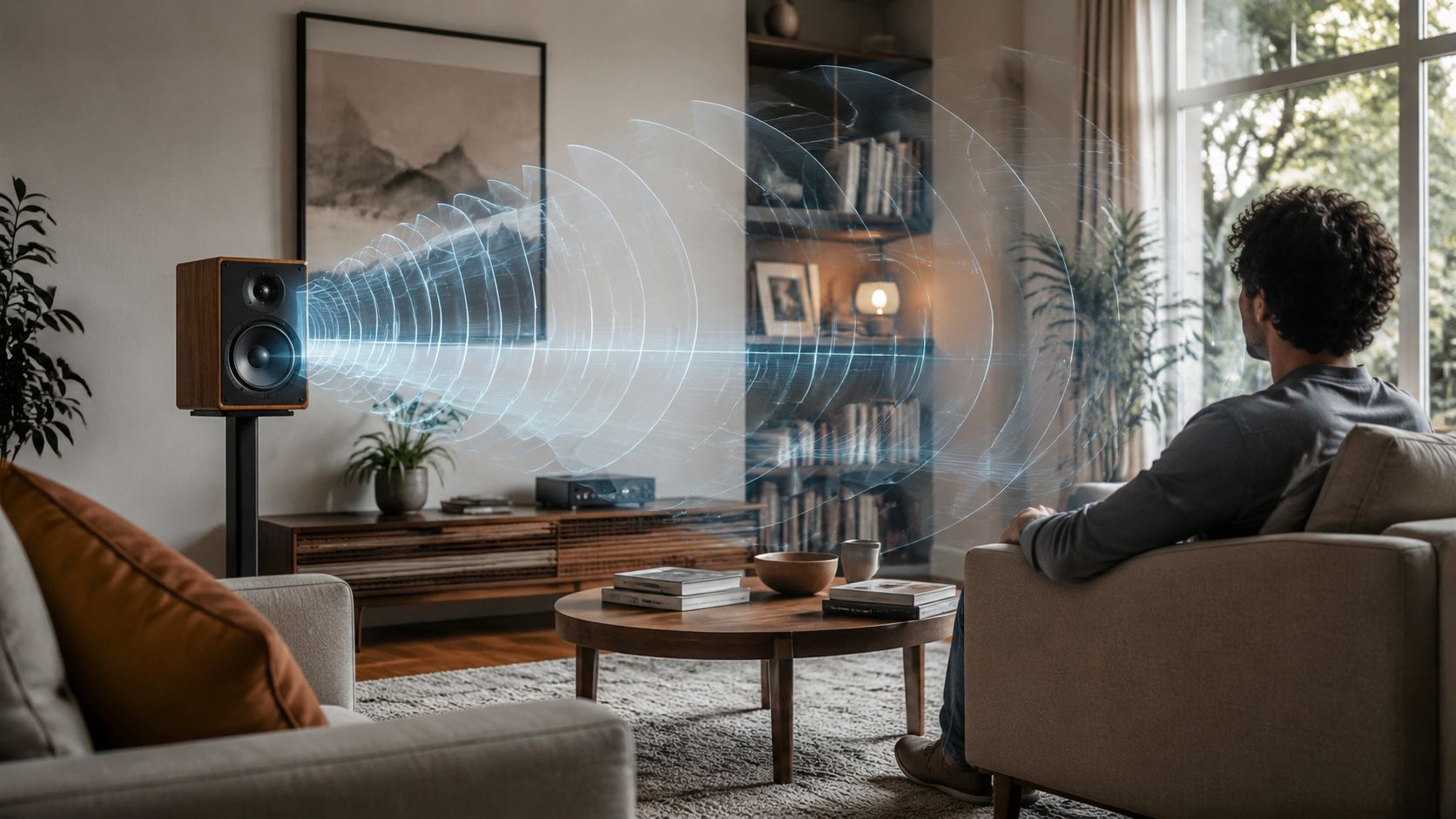 A man sits in a living room listening to music as sound waves emanate from a speaker.