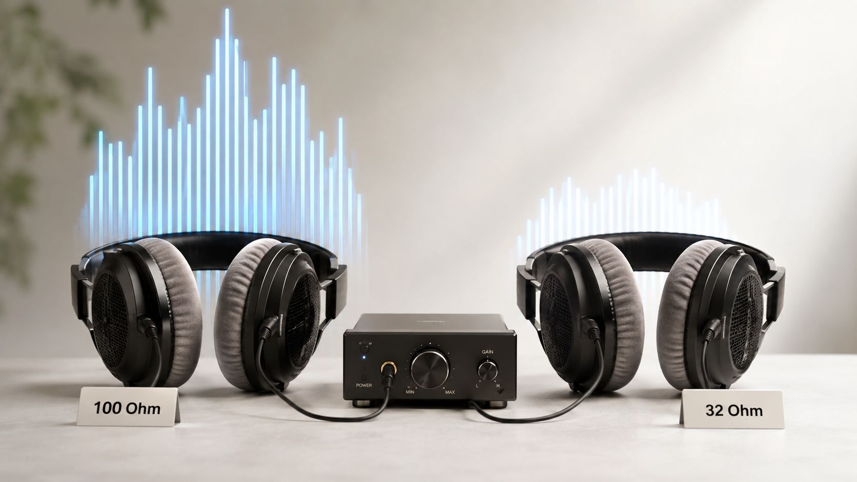 A headphone amplifier connected to two different pairs of headphones showing varying impedance levels and audio output.