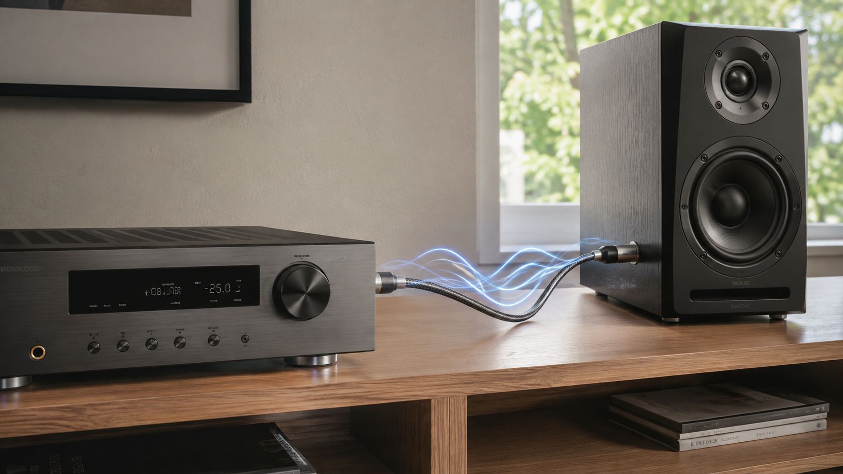 An audio amplifier is connected to a high-quality bookshelf speaker with an illustrated glowing energy stream.