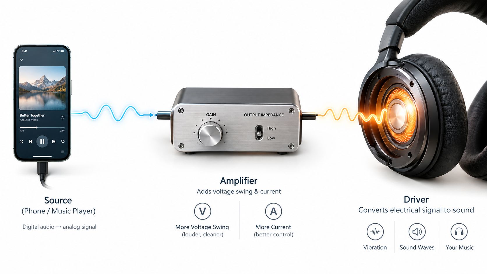 A diagram illustrating the audio signal path from a smartphone source through a headphone amplifier to headphones.
