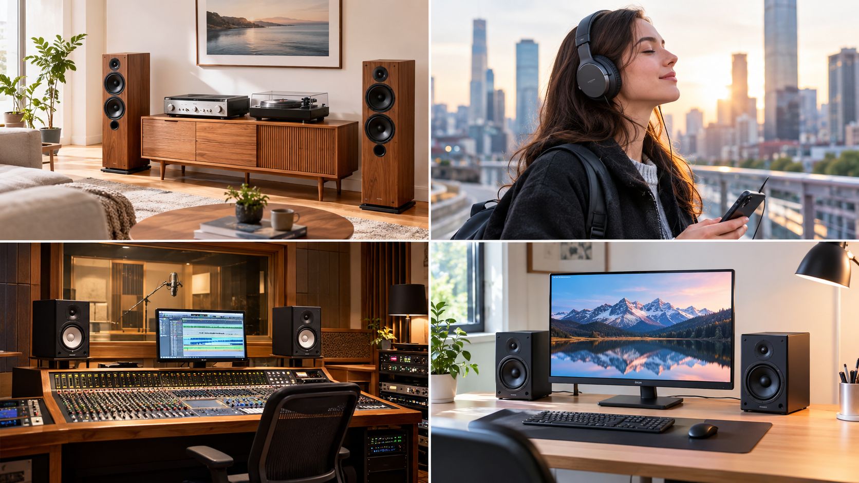 A collage showing different audio listening environments including high-end home speakers, portable headphones, recording studios, and desktop setups.