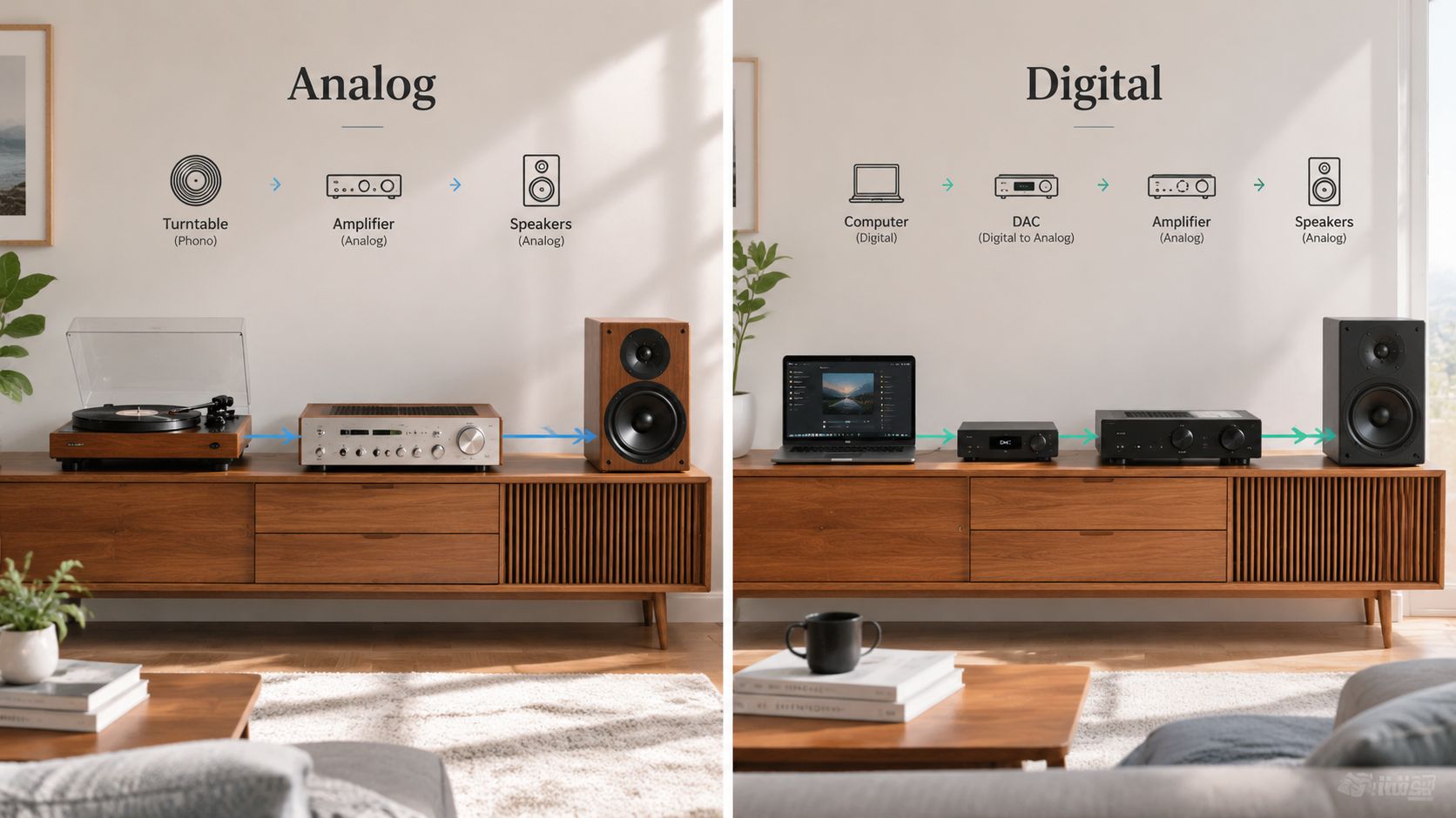 A split image comparing audio signal flow between an analog turntable setup and a digital computer setup.