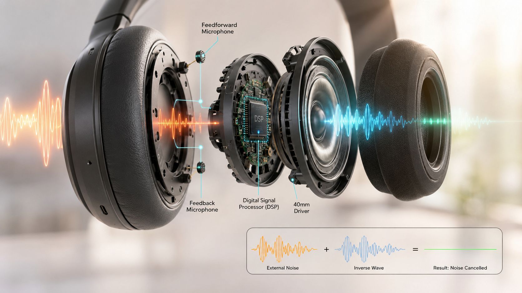 An exploded view of noise-canceling headphones showing microphones, digital signal processor, and driver components with sound wave visualization.