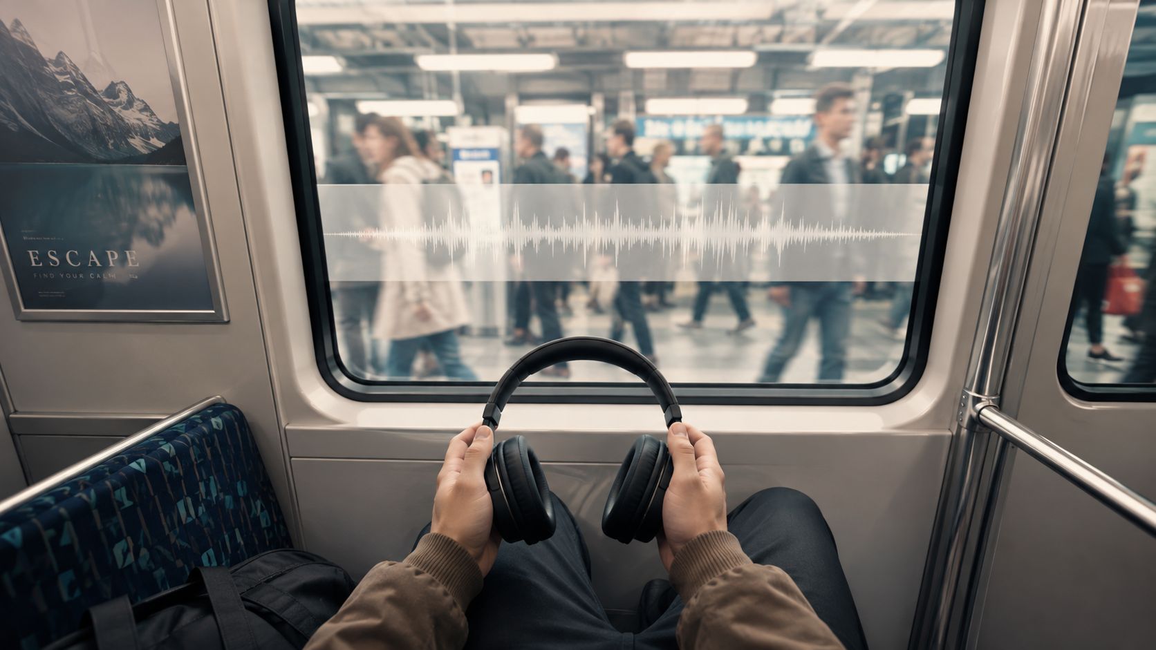 A person sitting on a subway train holding noise cancelling headphones with a sound wave graphic overlay.