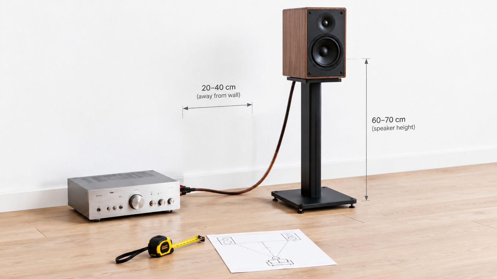 A bookshelf speaker on a stand next to an amplifier with layout measurements on a paper