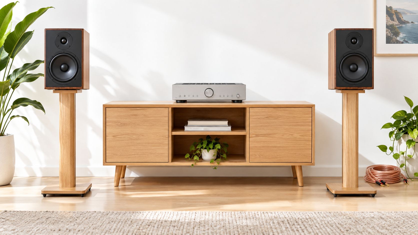 High-end bookshelf speakers placed on wooden stands flanking a minimalist TV console in a bright room.