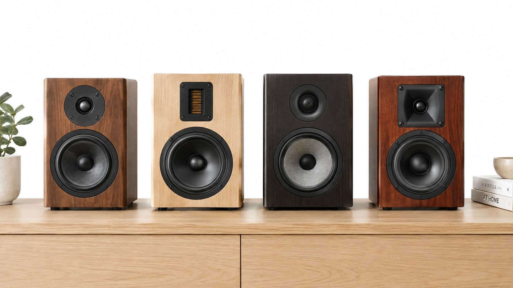 A row of four different wooden bookshelf speakers displayed on a light wood cabinet against a white background.
