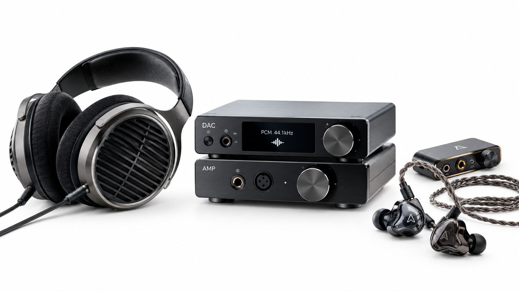A professional audio setup featuring high-end headphones, a stacked DAC and amplifier, and premium in-ear monitors.