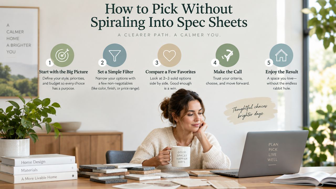 A woman reviewing design samples at her desk following a five-step decision-making guide for home improvements.