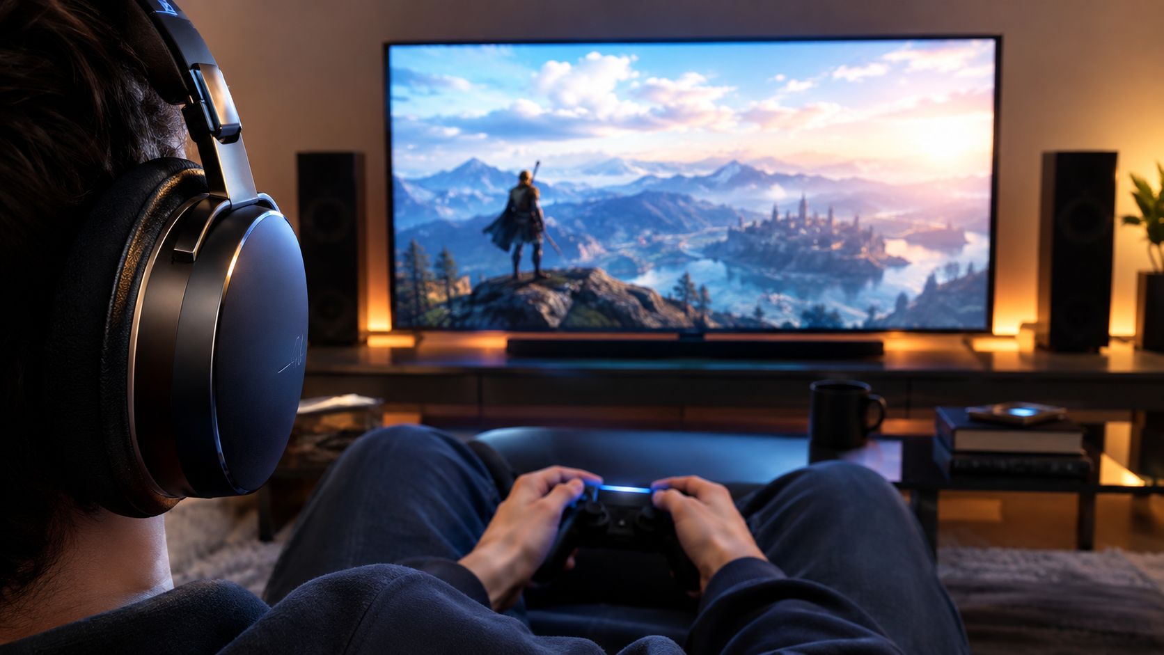 A gamer wearing headphones sits on a couch playing a video game on a large television.