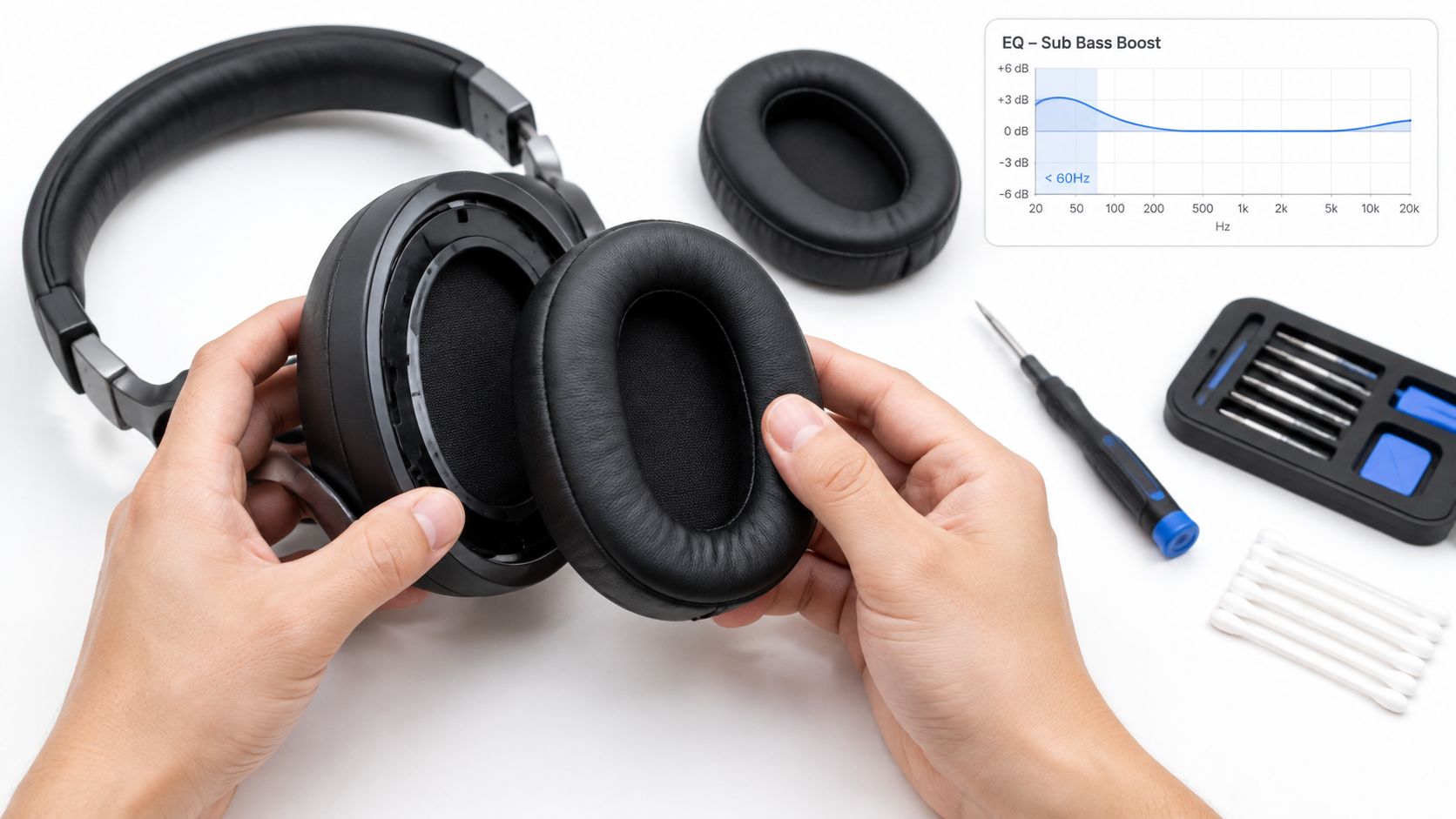A pair of black headphones being repaired or serviced on a white table with tools nearby.