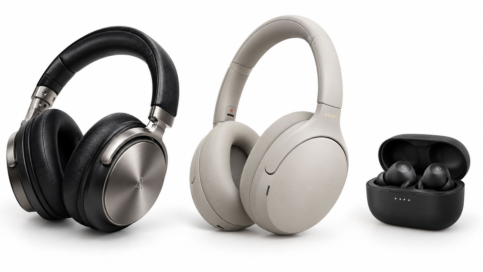 Three different styles of modern headphones, including over-ear and in-ear models, arranged on a white background.