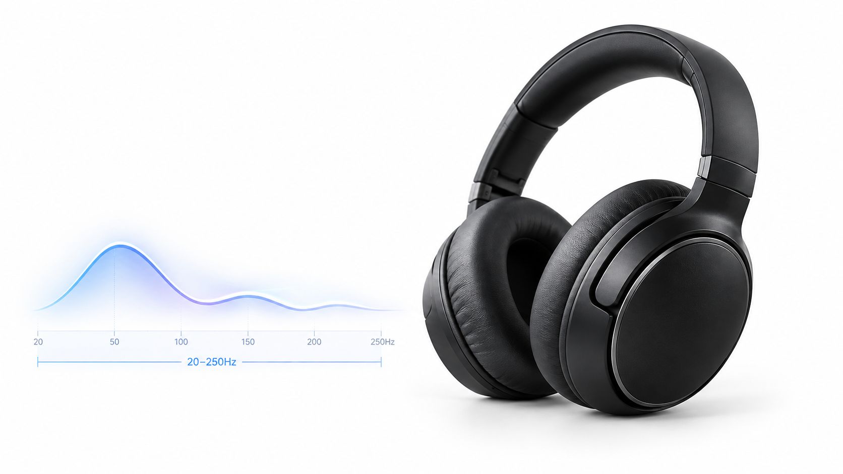 A pair of sleek black over-ear headphones displayed next to a digital bass frequency wave graph.